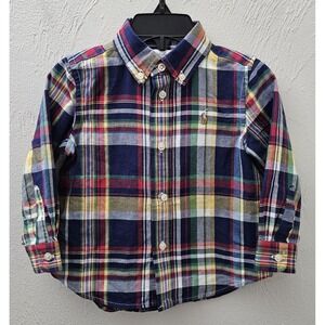 Ralph Lauren Baby Boy Blue Red Green Plaid Button Up Shirt Size 18 Months Logo